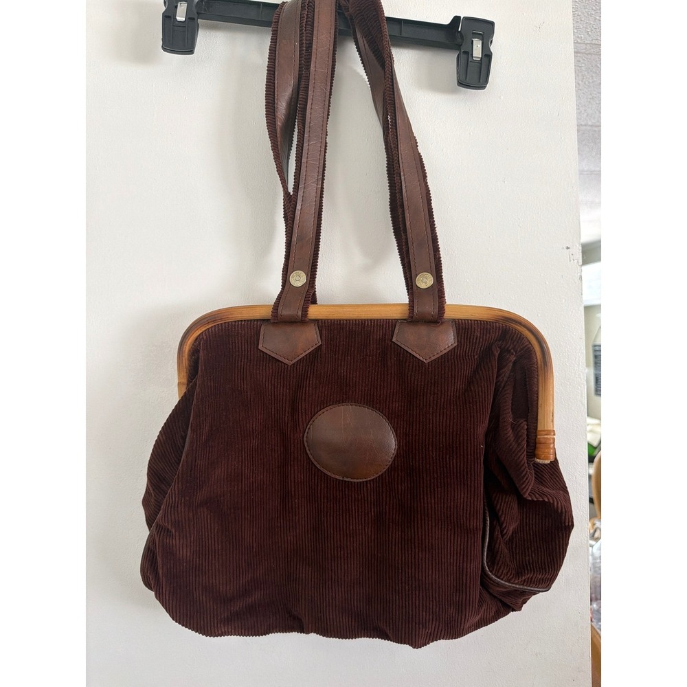 Vintage Mitey Miss Brown Corduroy Wooden Frame Tote Bag Doctor Style Handbag